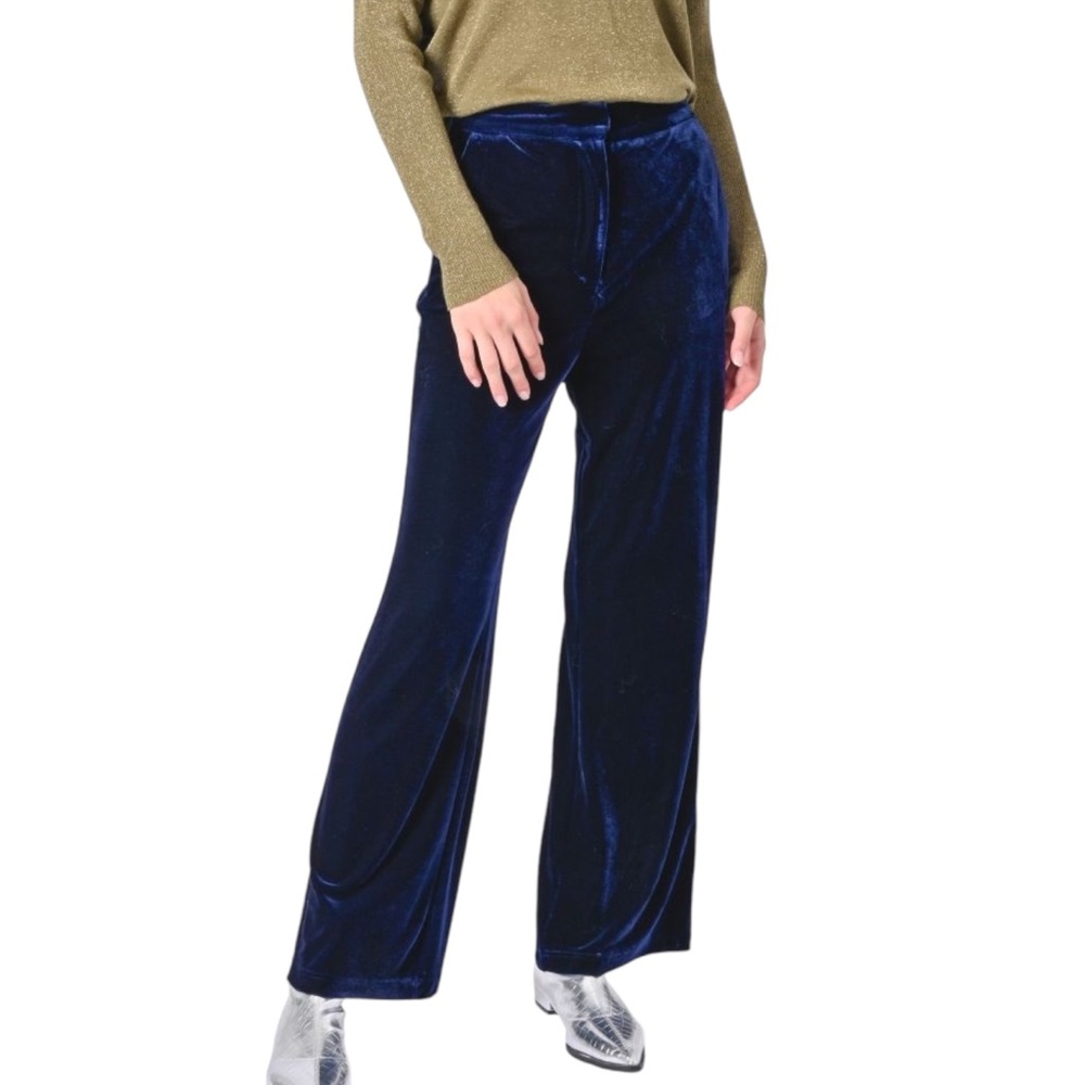 FRNCH Paris Navy Blue Smooth Velvet Wide Leg High Waist Trousers Pants - XS